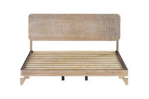 Vista frontal de estructura de cama de madera natural clara con base de listones y cabecero curvo con vetas de madera circulares concéntricas, mostrada sobre un fondo blanco liso.
