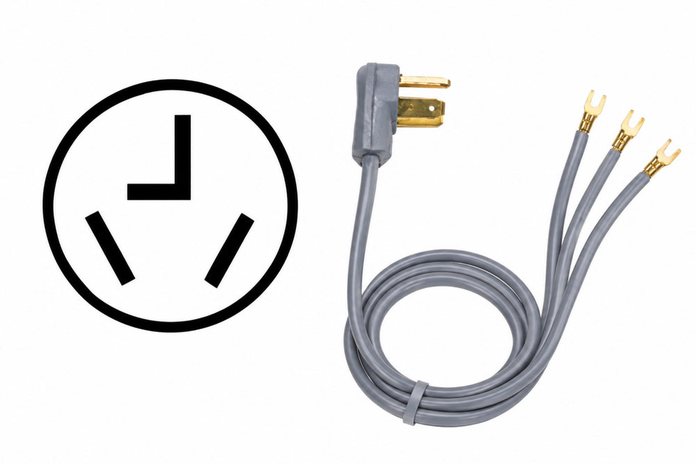 Un cable de alimentación eléctrica gris de tres clavijas con terminales metálicas en tono dorado y un conector de enchufe gris, que se muestra sobre un fondo blanco junto a un símbolo negro de tomacorriente de tres clavijas.