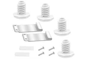 Kit de accesorios para electrodomésticos que incluye cuatro patas niveladoras ajustables, dos soportes metálicos de fijación, tornillos y almohadillas protectoras. Diseñado para mejorar la estabilidad y la instalación segura del equipo.