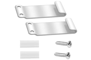Kit de fijación para lavadora o secadora compuesto por dos soportes metálicos, dos almohadillas protectoras y dos tornillos, diseñado para asegurar el electrodoméstico y mejorar su estabilidad durante el uso.