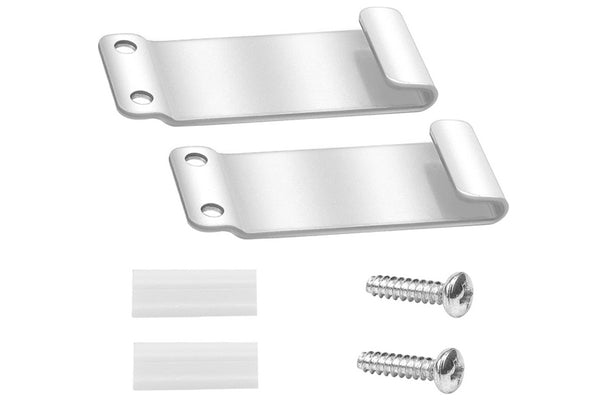 Kit de fijación para lavadora o secadora compuesto por dos soportes metálicos, dos almohadillas protectoras y dos tornillos, diseñado para asegurar el electrodoméstico y mejorar su estabilidad durante el uso.