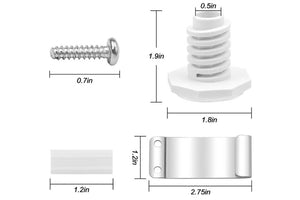 Diagrama de componentes para kit de estabilidad de lavadora o secadora, que muestra soporte metálico, tornillo, almohadilla protectora y pata niveladora con medidas detalladas en pulgadas para facilitar la instalación.