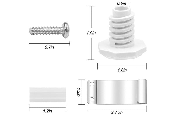 Diagrama de componentes para kit de estabilidad de lavadora o secadora, que muestra soporte metálico, tornillo, almohadilla protectora y pata niveladora con medidas detalladas en pulgadas para facilitar la instalación.