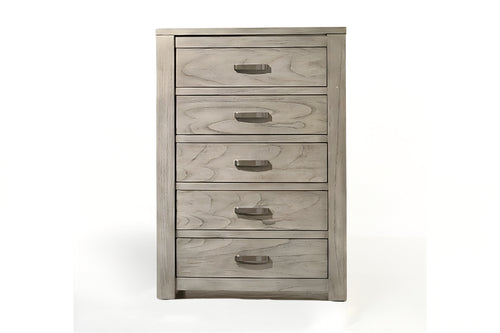 Chest de color gris claro con cinco gavetas sobre un fondo blanco. 