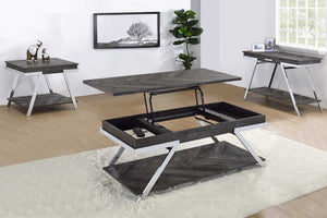 Tres mesas ocasionales que incluye una mesa de centro con tope ajustable, una mesa de sofá y una mesa de esquina en una sala moderna. 