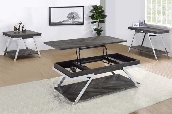 Tres mesas ocasionales que incluye una mesa de centro con tope ajustable, una mesa de sofá y una mesa de esquina en una sala moderna. 