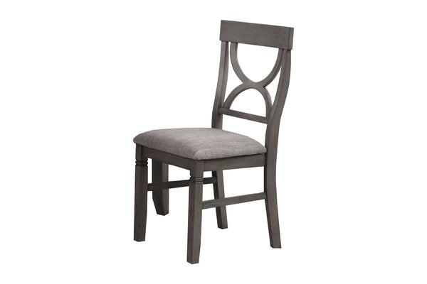 Silla de madera gris con asiento acolchado sobre fondo blanco.