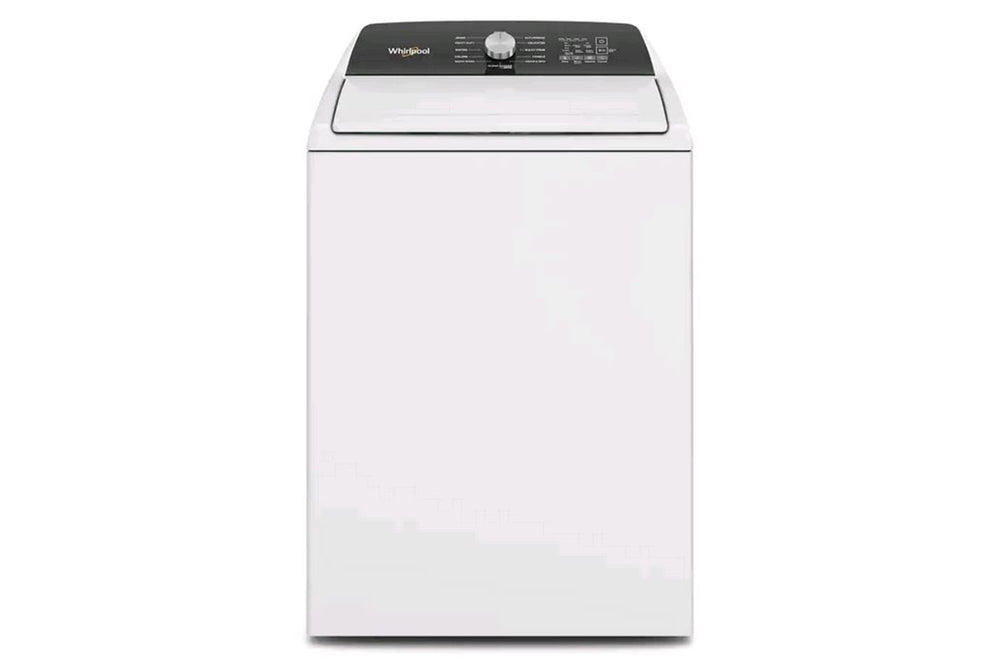 Lavadora Whirlpool de carga superior color blanco con panel de control digital y perilla central. Diseño moderno de alta eficiencia con múltiples ciclos de lavado para el cuidado y limpieza efectiva de la ropa.