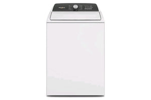 Lavadora Whirlpool de carga superior color blanco con panel de control digital y perilla central. Diseño moderno de alta eficiencia con múltiples ciclos de lavado para el cuidado y limpieza efectiva de la ropa.