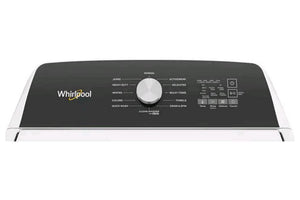 Panel de control de lavadora Whirlpool de carga superior con perilla central y opciones de ciclos como Normal, Heavy Duty, Delicates y Quick Wash. Diseño intuitivo para personalizar el lavado según el tipo de ropa.