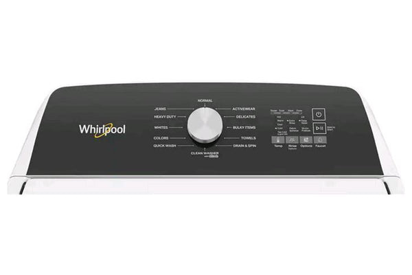 Panel de control de lavadora Whirlpool de carga superior con perilla central y opciones de ciclos como Normal, Heavy Duty, Delicates y Quick Wash. Diseño intuitivo para personalizar el lavado según el tipo de ropa.