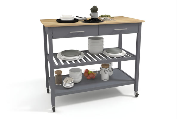 Carrito de cocina gris con tapa de madera sobre fondo blanco