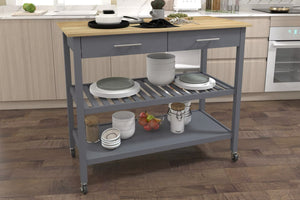 Carrito de cocina gris con tapa de madera en un entorno de cocina.