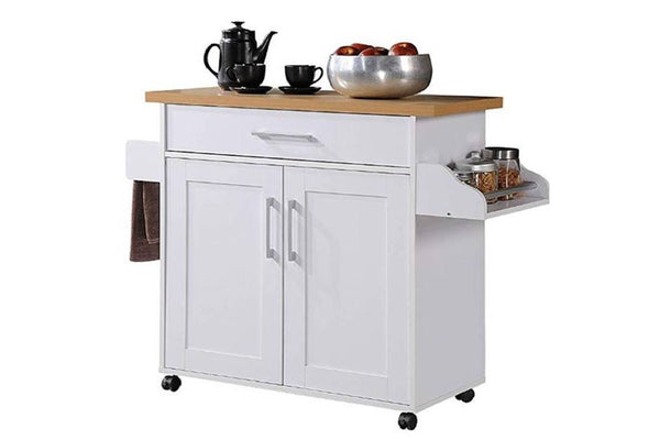 Carrito de cocina blanco con encimera de madera sobre fondo blanco.