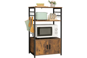 Carrito de cocina de madera con microondas, utensilios y estantes de almacenamiento sobre fondo blanco.