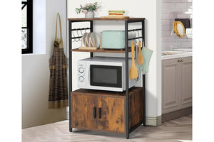 Mueble de cocina con microondas, platos y utensilios en un entorno de cocina.
