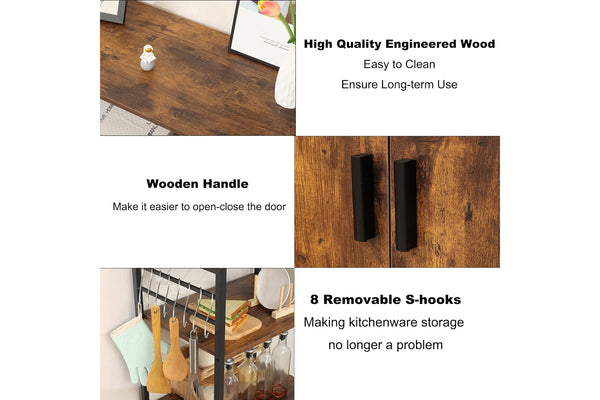 Estante de madera con ganchos, asa de madera y texto sobre la alta calidad de la madera y sus características.