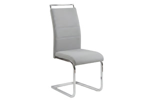 Silla gris con estructura metálica sobre fondo blanco.