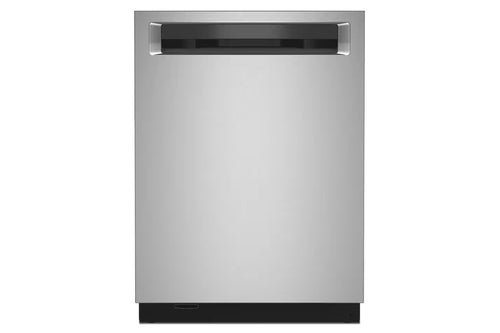 Un lavaplatos empotrable de acero inoxidable con panel de control superior negro y base negra, aislado sobre un fondo blanco.
