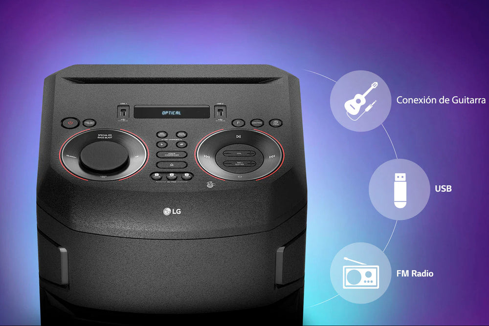 Altavoz LG XBOOM negro con iluminación violeta vibrante sobre fondo blanco. 