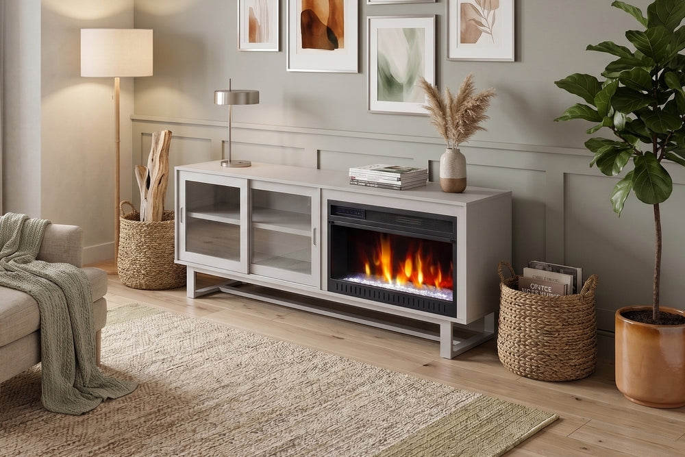 Consola de entretenimiento plateada con chimenea eléctrica sobre fondo blanco.