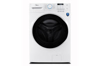 Lavadora blanca con tambor negro de marca 'Midea' sobre fondo blanco.