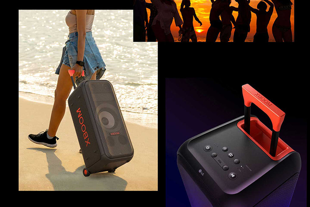 Altavoz portátil negro con la marca 'Xboom' sobre un fondo blanco