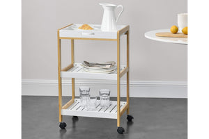 Carrito de cocina de tres niveles con tapa blanca y laterales de madera, colocado sobre un suelo gris contra una pared gris claro.