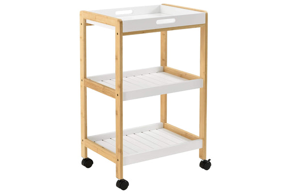 Carrito de cocina de tres niveles con estructura de madera y estantes blancos sobre fondo blanco.