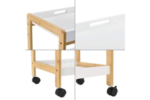 Dos vistas de un carro de madera con techo blanco sobre fondo blanco.