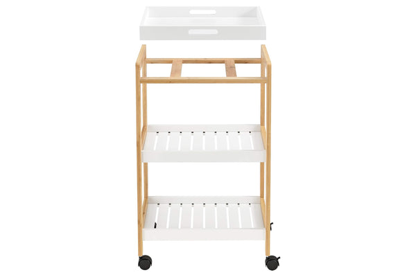 Carrito rodante de bambú y blanco con estantes sobre fondo blanco.