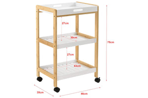Tabla de medidas de un carrito de madera con estantes blancos sobre fondo blanco