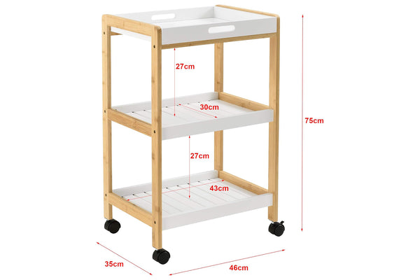 Tabla de medidas de un carrito de madera con estantes blancos sobre fondo blanco