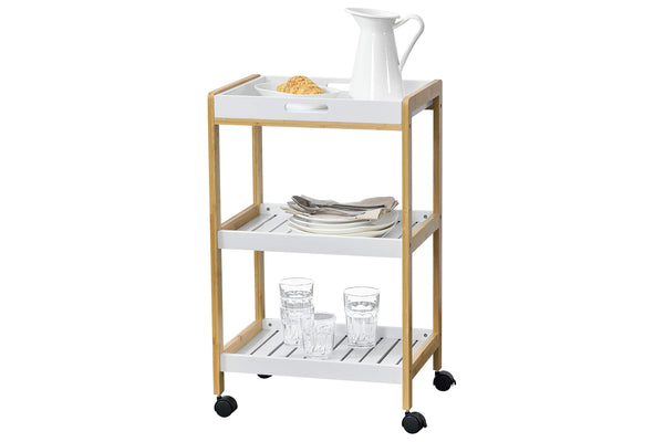 Carrito de cocina de tres niveles con tapa blanca y laterales de madera sobre fondo blanco.