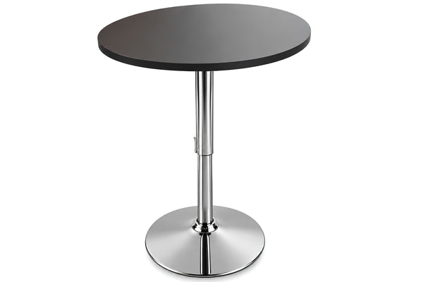 Mesa de comedor redonda estilo bar con superficie negra lisa y una base de metal cromado brillante con pie circular.