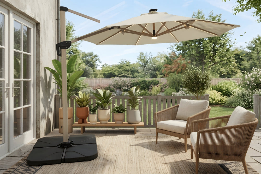 Sombrilla de patio beige con base negra sobre fondo blanco. 