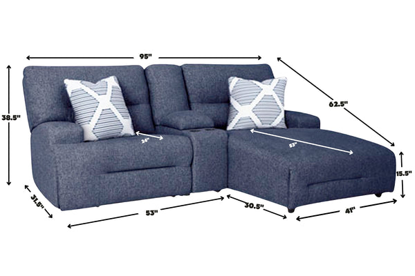 Sofá modular azul con dimensiones indicadas sobre un fondo blanco.