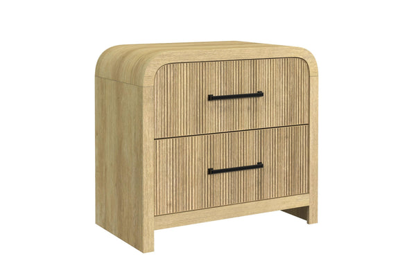 Mesita de noche de madera con dos gavetas sobre fondo blanco.