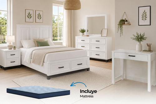Juego de dormitorio blanco con cama, mesa de noche, gavetero, espejo y escritorio. La cama tiene gavetas inferiores y ropa de cama beige. Imagen promocional con mattress azul y texto que indica