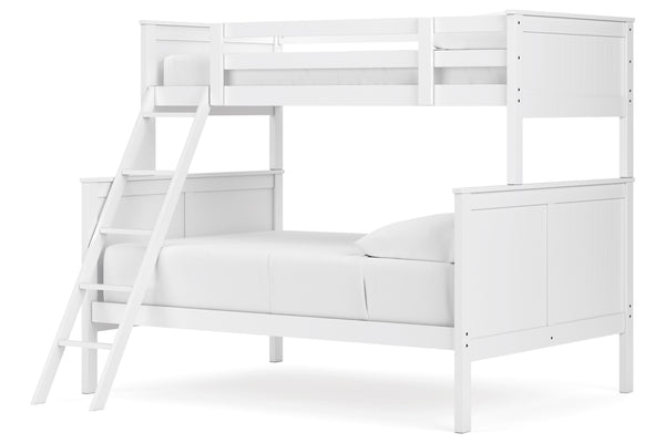 Litera de madera blanca con escalera sobre fondo blanco