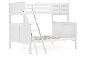 Litera blanca con listones de madera sobre fondo blanco