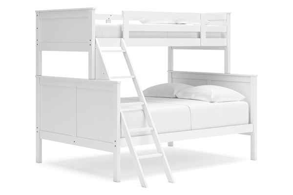 Litera de madera blanca con escalera sobre fondo blanco