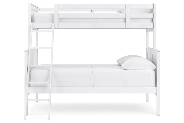 Litera de metal blanca con mattress y almohada sobre fondo blanco.