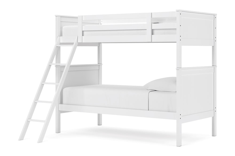 Litera azul con mattress y sabanas blancas sobre fondo blanco