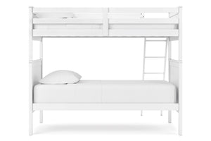 Litera metálica blanca con una cama individual arriba y abajo. Un mattress abajo, sobre fondo blanco.