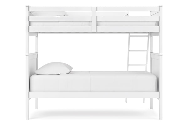 Litera metálica blanca con una cama individual arriba y abajo. Un mattress abajo, sobre fondo blanco.