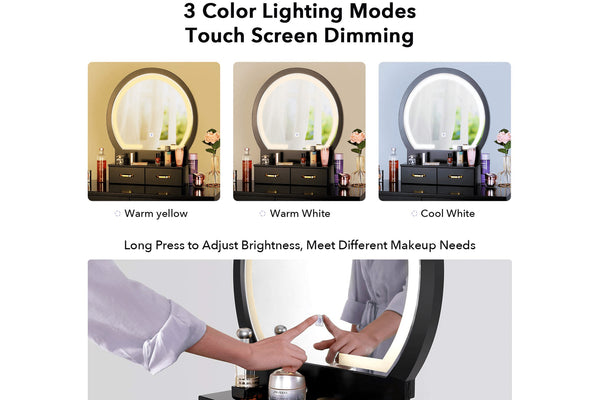 Espejo de maquillaje con tres modos de iluminación de color y función de atenuación de pantalla táctil.