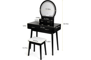 Vanity negro con espejo y taburete, mostrado con medidas sobre un fondo blanco.