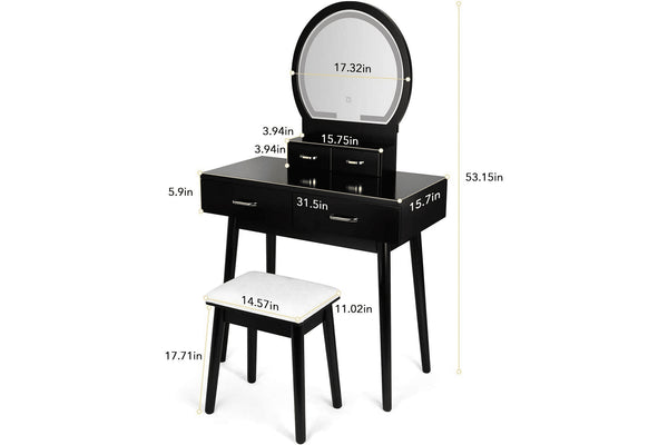 Vanity negro con espejo y taburete, mostrado con medidas sobre un fondo blanco.