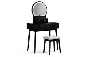 Vanity negro con espejo redondo y taburete sobre fondo blanco.